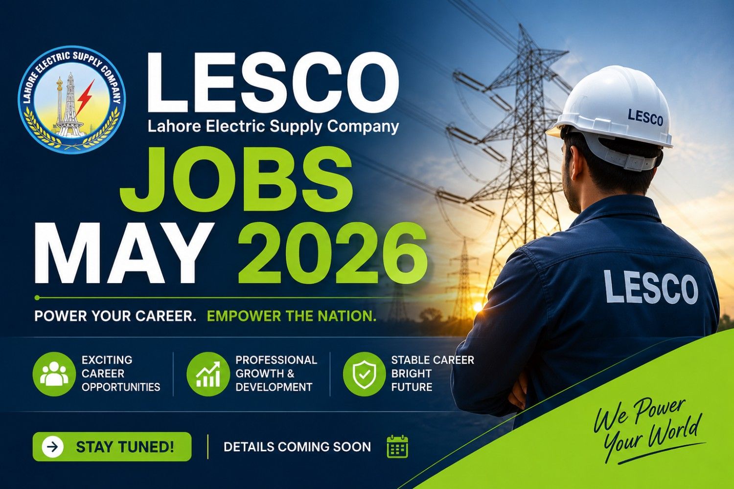 Professional featured image for LESCO Jobs May 2026 showing Lahore Electric Supply Company career opportunities with power infrastructure and engineer.