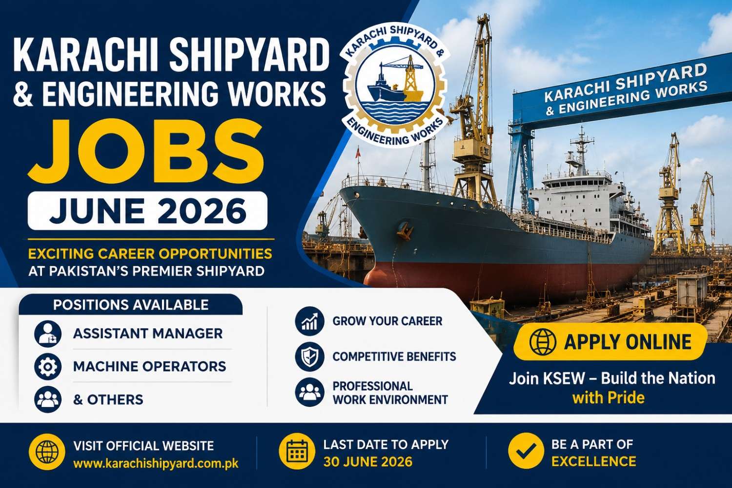 Karachi Shipyard and Engineering Works KSEW Jobs June 2026 for Assistant Manager, Machine Operators and Other Vacancies